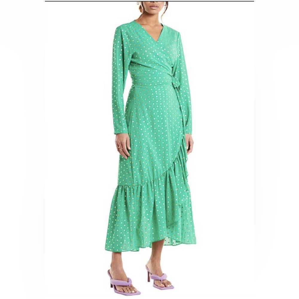 Never Fully Dressed Foil Spot Green Wrap Dress